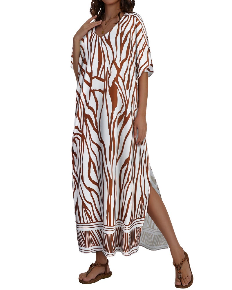 JILUVIN Kaftan Dresses for Women Plus Size V Neck Caftan Long Batwing Sleeve Swimsuit Cover Up Beach Swimwear (Beige Wave Stripes,One Size) - Image 5
