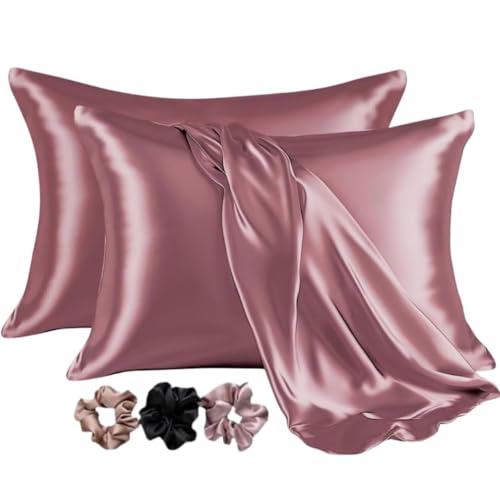 GO WELL Solid Satin Silk Pillow Covers Pack of 2 for Hair and Skin-with Satin Scrunchies |Satin Pillow coves for Hair and Skin|scrunchies for Women 3-Piece|Silk Pillow case (Gold Rose) 800Tc - Image 1