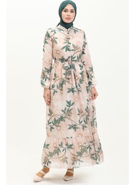 Sefa Merve Patterned Belted Chiffon Dress 81815-05 Emerald Green  - Image 1