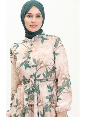 Sefa Merve Patterned Belted Chiffon Dress 81815-05 Emerald Green  - Image 3