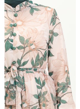 Sefa Merve Patterned Belted Chiffon Dress 81815-05 Emerald Green  - Image 4