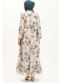 Sefa Merve Patterned Belted Chiffon Dress 81815-05 Emerald Green  - Image 5