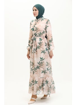 Sefa Merve Patterned Belted Chiffon Dress 81815-05 Emerald Green  - Image 2