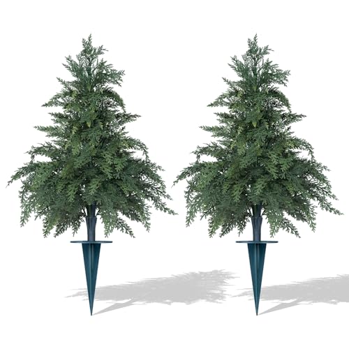 Grooy Artificial Cypress Topiary Cedar Trees with Ground Spike, 2 Pieces Fake Pine Shrubs Bushes, UV Resistant Faux Evergreen Tree Plants for Indoor Outdoor Planters Front Porch - Image 1