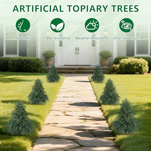 Grooy Artificial Cypress Topiary Cedar Trees with Ground Spike, 2 Pieces Fake Pine Shrubs Bushes, UV Resistant Faux Evergreen Tree Plants for Indoor Outdoor Planters Front Porch - Image 2