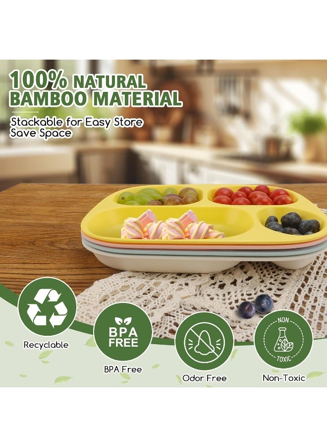 Shopwithgreen Bamboo Divided Plates Set for Kids Adults 4- Large Bamboo Dinnerware for Toddlers Kids Children, BPA Free, Non Slip, Stackable, Dishwasher Safe, 9.4 inch - Image 2