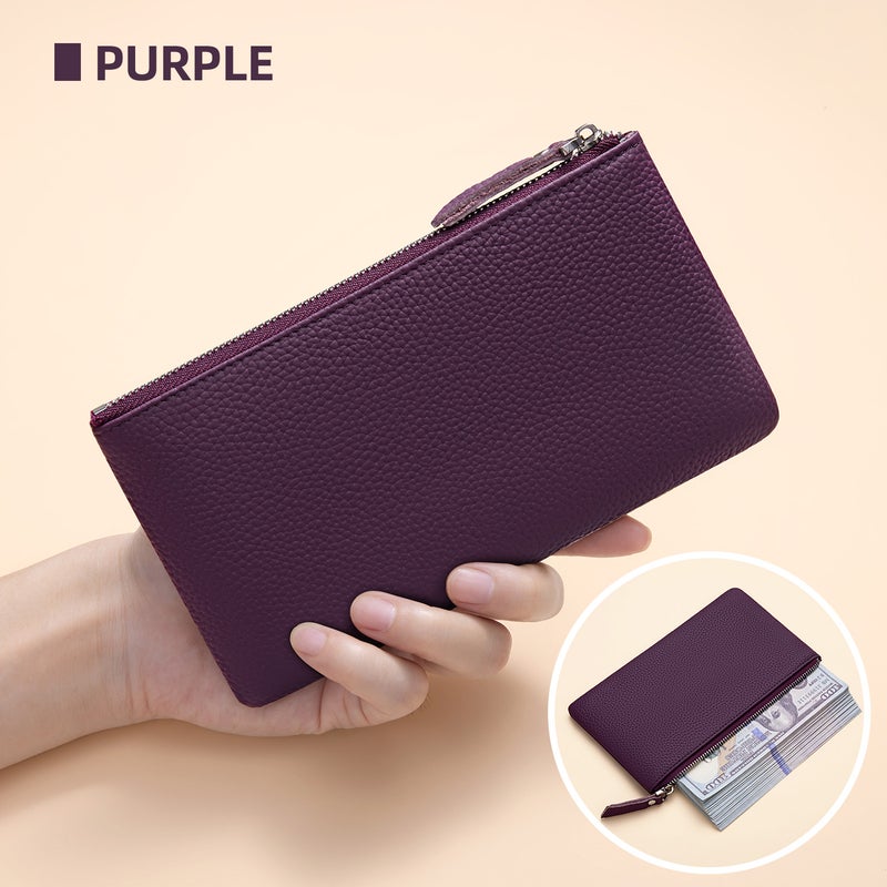banyanu Portable genuine leather zippered coin purse, mini coin purse for women, can hold credit cards, folded banknotes, ID card, keys, earphones, lipstick, etc. (Purple) - Image 1
