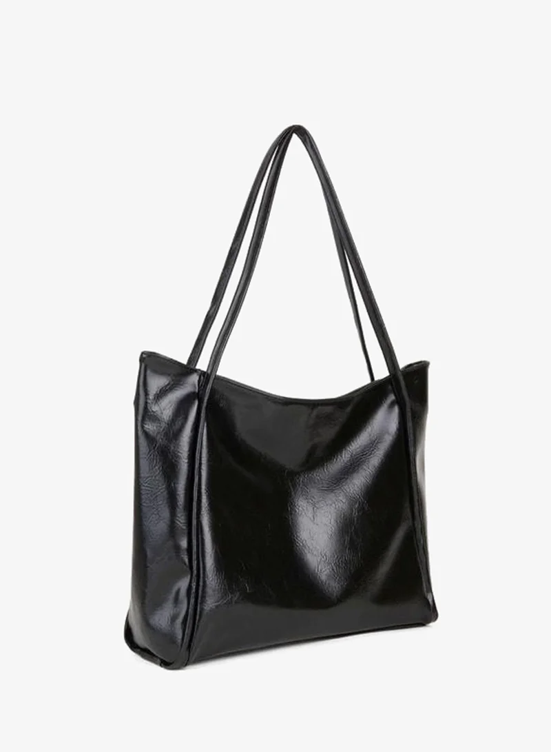 Women's Begonia Black Crinkled Artificial Leather Large Size Zipper Closure Handheld and Shoulder Bag.