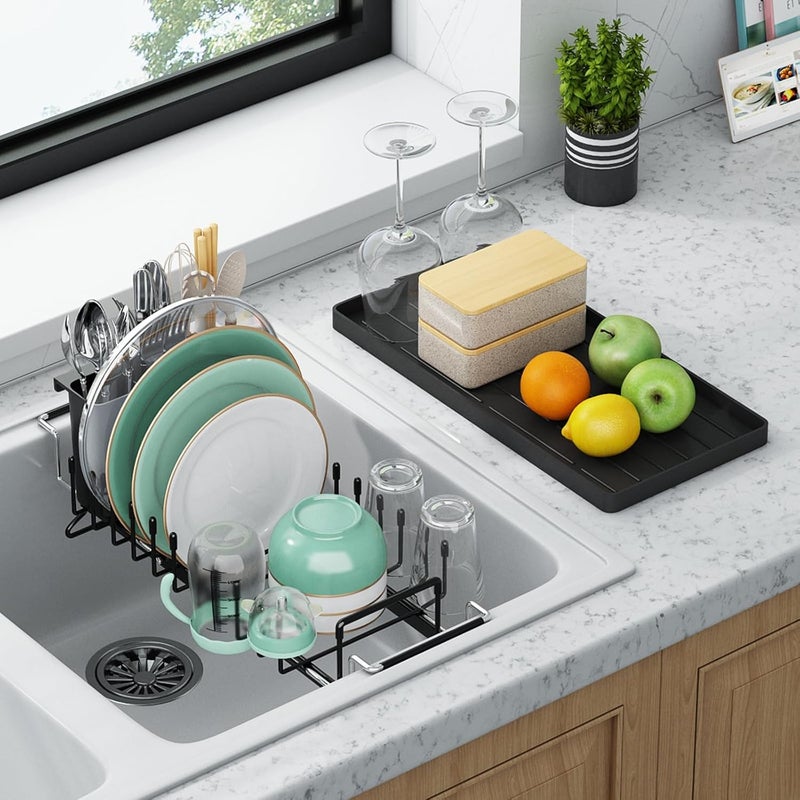 Aufworld Dish Drying Rack - Expandable Small Sink Dish Rack with Silicone Drying Tray, Over Sink Dish Drainer for Kitchen Counter with Utensil Holder, Drain Rack Fit for 14’’-19’’ Kitchen Sink - Image 1