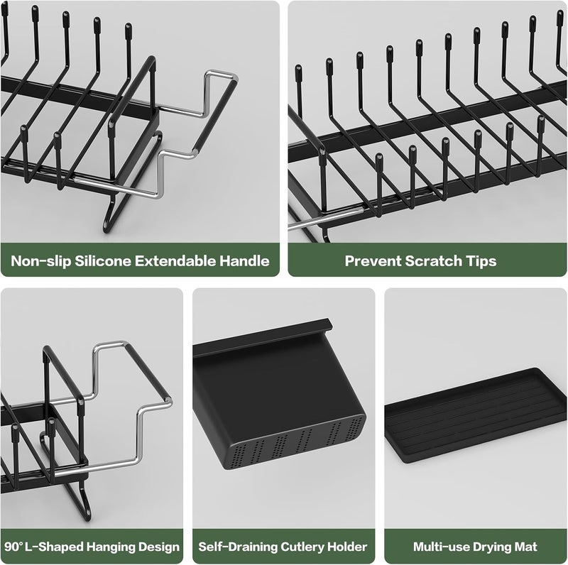 Aufworld Dish Drying Rack - Expandable Small Sink Dish Rack with Silicone Drying Tray, Over Sink Dish Drainer for Kitchen Counter with Utensil Holder, Drain Rack Fit for 14’’-19’’ Kitchen Sink - Image 4