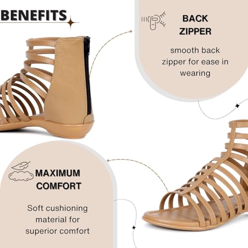 TRASE Women Sandals | Flats Gladiator Sandal With Zip Closure | Stylish & Comfortable Footwear for Women (Beige, 6 UK) - Image 2