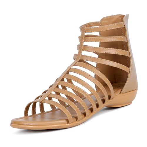 TRASE Women Sandals | Flats Gladiator Sandal With Zip Closure | Stylish & Comfortable Footwear for Women (Beige, 6 UK) - Image 1