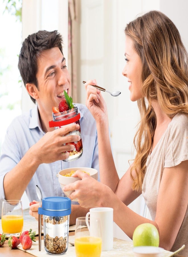 Layhit مجموعة لايهيت المكونة من 8 عبوات شوفان ليلي سعة 16 أونصة مع أغطية وملاعق، برطمانات زجاجية كبيرة صيفية للشوفان الليلي مع علامات قياس، عبوة شوفان للحليب والحبوب والفواكه (متعددة الألوان). - Image 4