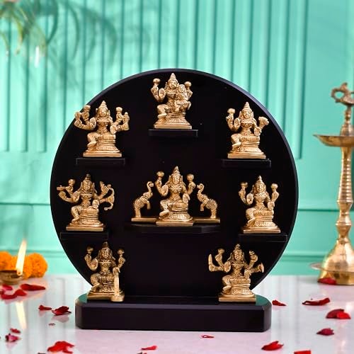CraftVatika Brass Ashtalakshmi Statue Ashta Lakshmi Idol Set of 8 Idols Height 3 Inch, Brass Eight Form of Lakshmi Ashtalakshmi of Wealth Prosperity Fertility Laxmi on Wooden Base (12 Inch Height) - Image 1