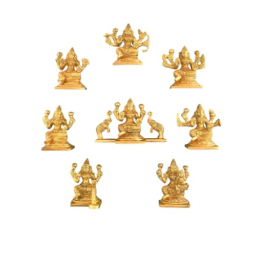 CraftVatika Brass Ashtalakshmi Statue Ashta Lakshmi Idol Set of 8 Idols Height 3 Inch, Brass Eight Form of Lakshmi Ashtalakshmi of Wealth Prosperity Fertility Laxmi on Wooden Base (12 Inch Height) - Image 4