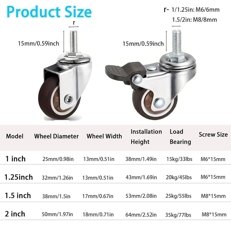 Universal Caster Wheels 8Pcs TPR Swivel Stem With M6 M8 Thread Rods For Cart Furniture Workbench 1 25 Inch - Image 3