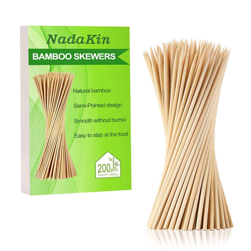 200 PCS Bamboo Skewers 10 Inch Wooden Skewer for Appetizers Fruit Kebabs Grilling Barbecue Mini Burger Sausage Cocktail Picks for Drinks Long Toothpicks Food Sticks Natural Kitchen Gadget