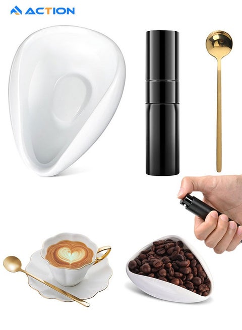 3 Piece Coffee Tea Set Coffee Bean Dosing Cup For Espresso Weigh Coffee Bean Container White Ceramic Measuring Tray Spray Bottle Coffee Spoon Coffee Bean Vessel Accessories Coffee Tray Tools
