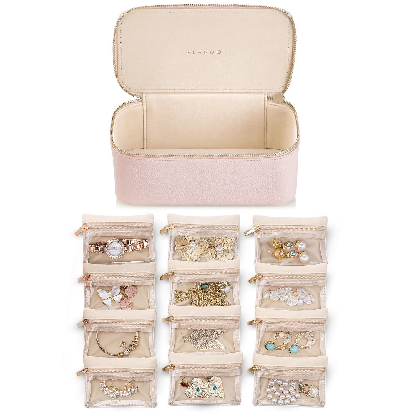 Vlando Jewelry Box with 12 Velvet Jewelry Bags Travel Jewelry Case for Girls Jewelry Organizer for Travelers Birthday Christmas Gift Ideas for Women (Pink)