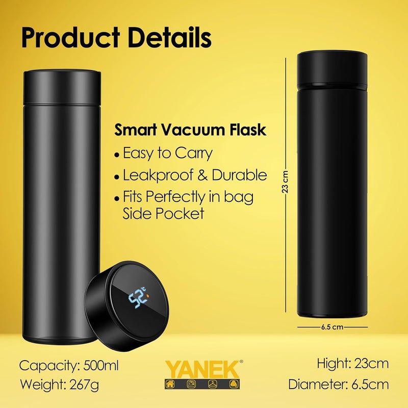 YANEK Smart Water Bottle Stainless Steel – Travel Mug with Smart LCD Touch Screen Temperature Display, Leak-Proof, Hot & Cold Beverage Flask, Ideal for Trave, Gym, Office, & Daily Use (BLACK) - Image 4