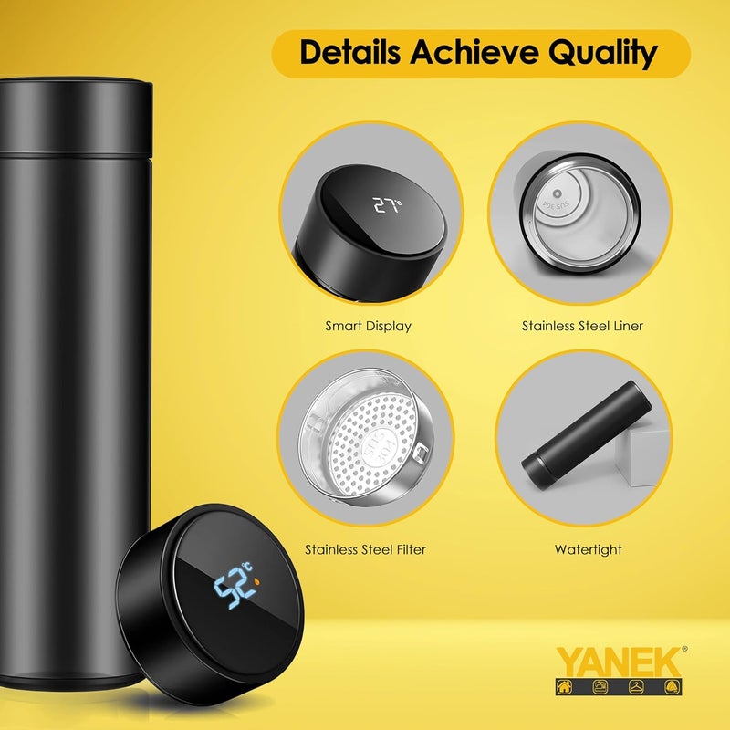 YANEK Smart Water Bottle Stainless Steel – Travel Mug with Smart LCD Touch Screen Temperature Display, Leak-Proof, Hot & Cold Beverage Flask, Ideal for Trave, Gym, Office, & Daily Use (BLACK) - Image 2