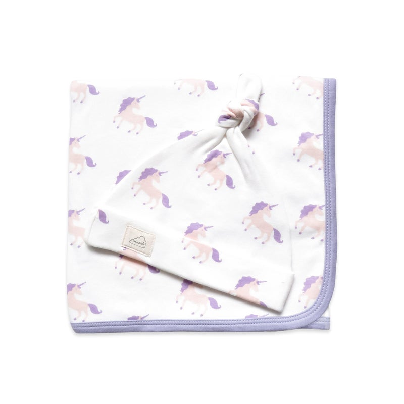 Masilo Masilo Organic Cotton New Born Baby Snuggle Bundle, Set of 2 Reversible Blanket and Top Knot Cap - Unicorn Magic - Image 1