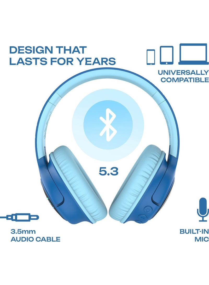 PowerLocus Bobo - Wireless Headphones for Kids - Bluetooth Headphones - 74/85/94dB Volume Limit - LED Lighting - Audio Sharing Function - Blue/Black - Image 2