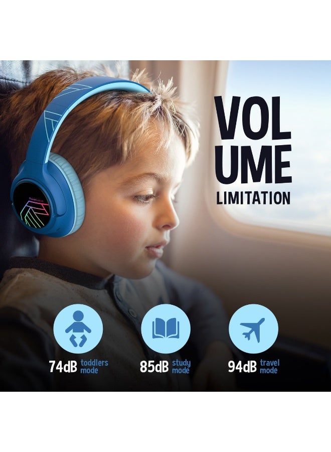 PowerLocus Bobo - Wireless Headphones for Kids - Bluetooth Headphones - 74/85/94dB Volume Limit - LED Lighting - Audio Sharing Function - Blue/Black - Image 5