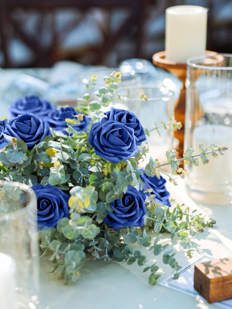 MACTING Artificial Flower Roses 30PCS Real Touch Fake Flowers with Stem Foam Roses for DIY Wedding Bouquets Backdrop Party Bridal Shower Spring Home Valentines Day Decorations,Dark Royal Blue - Image 3