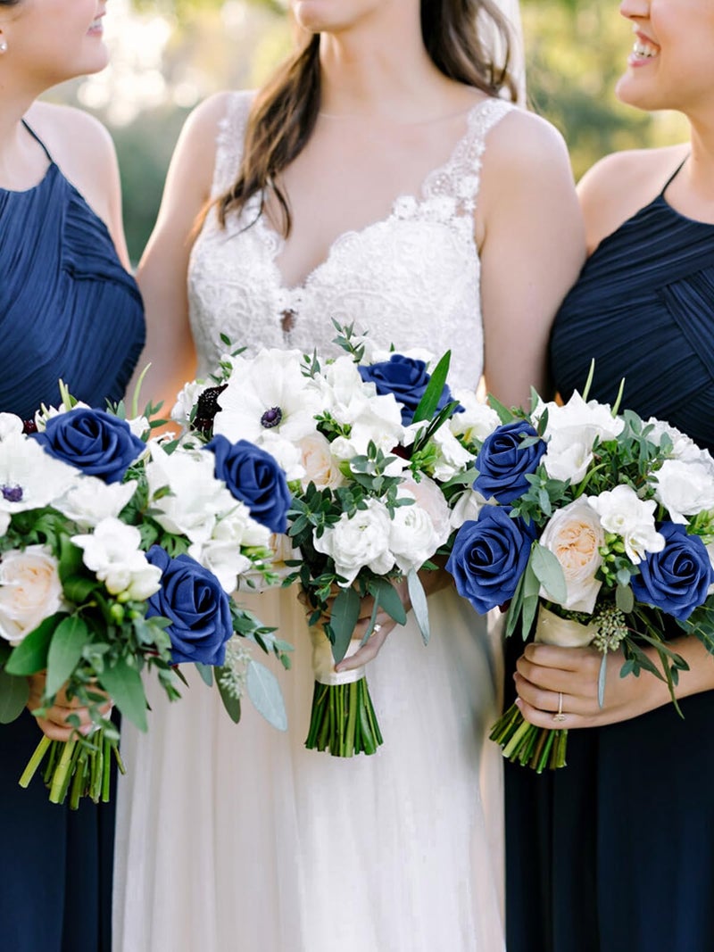 MACTING Artificial Flower Roses 30PCS Real Touch Fake Flowers with Stem Foam Roses for DIY Wedding Bouquets Backdrop Party Bridal Shower Spring Home Valentines Day Decorations,Dark Royal Blue - Image 5