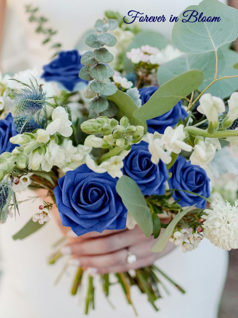 MACTING Artificial Flower Roses 30PCS Real Touch Fake Flowers with Stem Foam Roses for DIY Wedding Bouquets Backdrop Party Bridal Shower Spring Home Valentines Day Decorations,Dark Royal Blue - Image 2