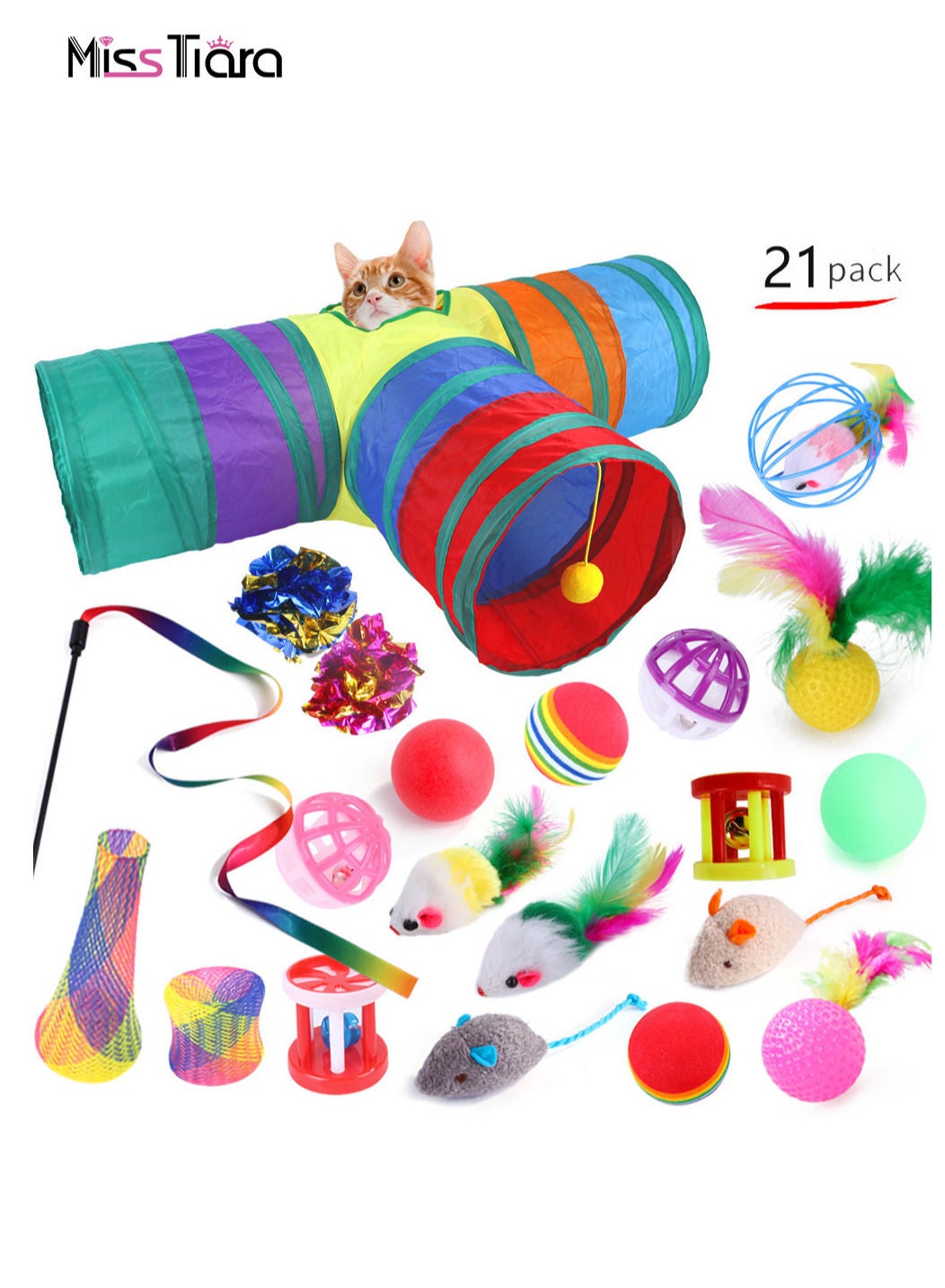 21 Pcs Cat Toys,Kitten Toys,Cat Toys Interactive Accessories for Indoor Cats,Cat Tunnel,Variety Teaser Wand with Feathers,Cat Toys for Kittens Biting,Catnip Fish,Mice,Balls for Cat Pet Lovers
