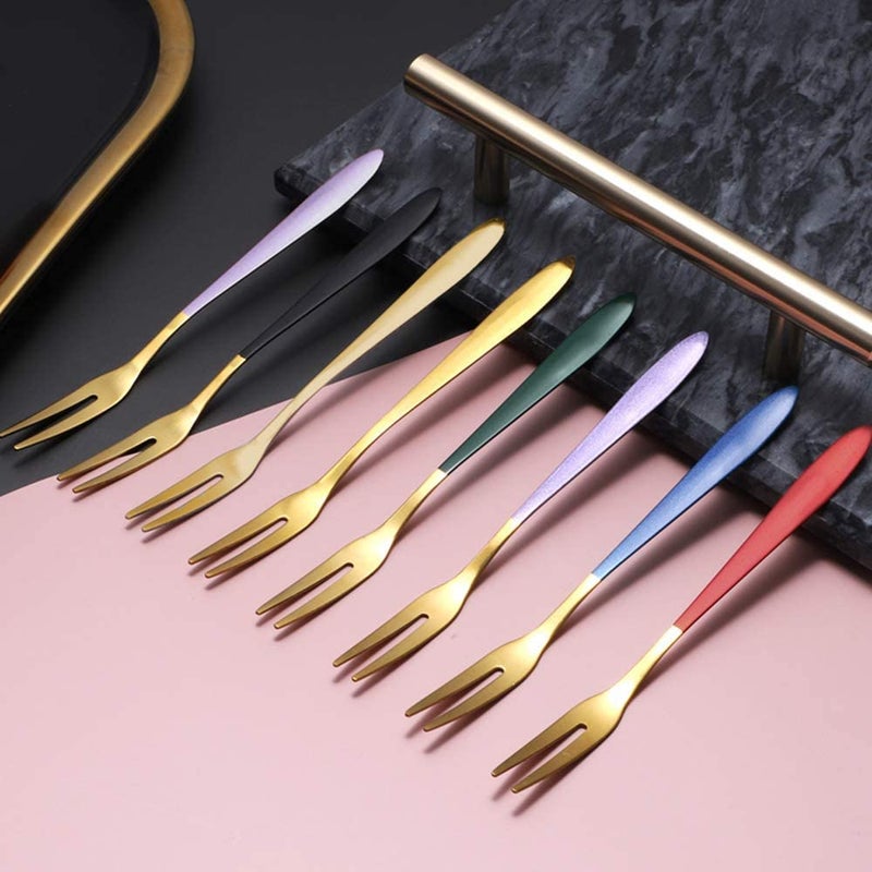 KPNG Fruit Forks Appetizer Dessert Forks Salad Forks Beautiful Colorful Stainless Steel Forks Set 2 Prong Tasting Appetizer Forks Portable Cocktail Salad Fruit Forks for Parties Travel 8 - Image 4