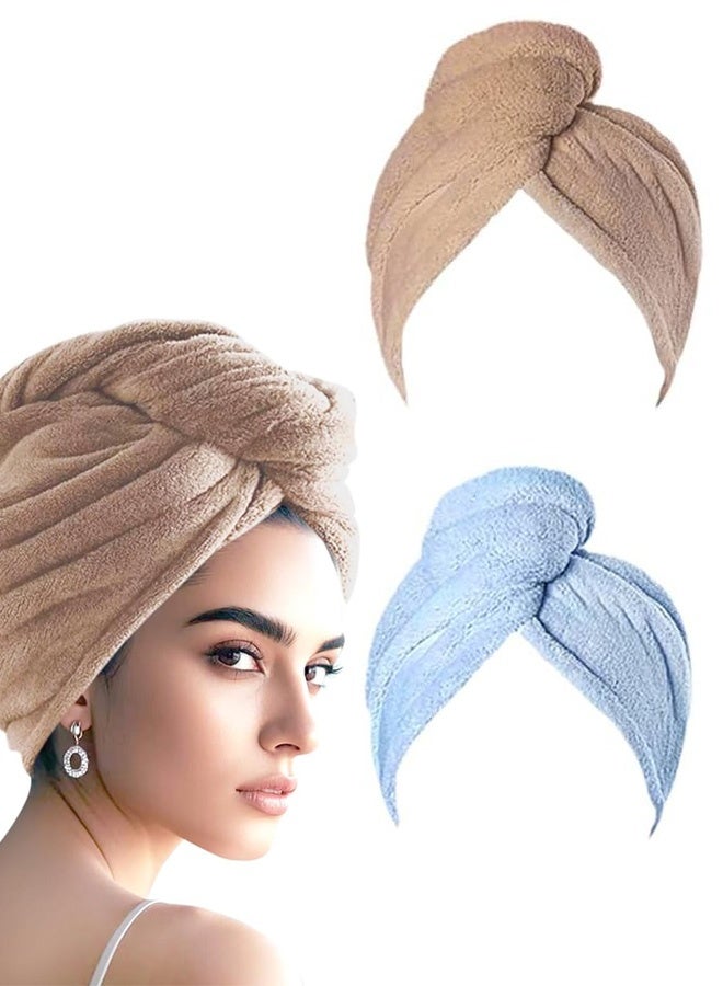 2 Packs Single Layer Microfiber Hair Turbans - Drying Wrap for Women (Blue, Brown) - Image 1