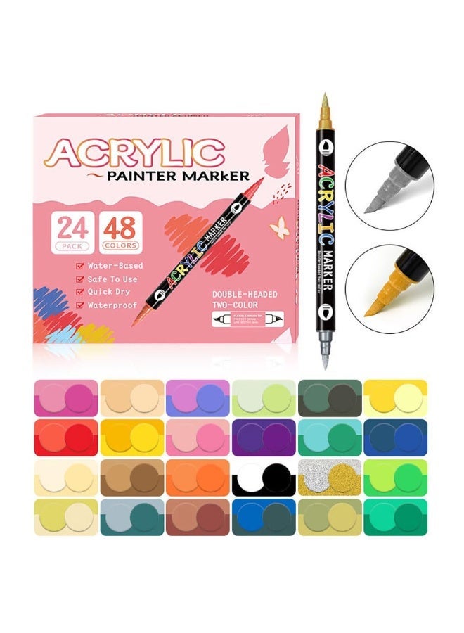 YelaJoy 24 Pack 48 colours Dual Tip Acrylic Paint Pens Brush Tip Acrylic Markers Permanent & Waterproof Acrylic Paint Pens for Rock Painting, Canvas, Glass, Fabric, Metal, Wood, Ceramic - Image 1