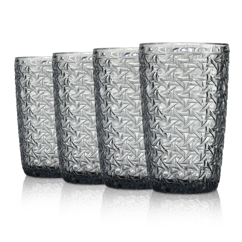 Joeyan Embossed Highball Drinking Glasses Set of 4 380ml Tall Glasses Drinking Vintage Glassware Juice Drinking Glasses Dining Glasses for Cocktails Hot and Cold Drinks Grey