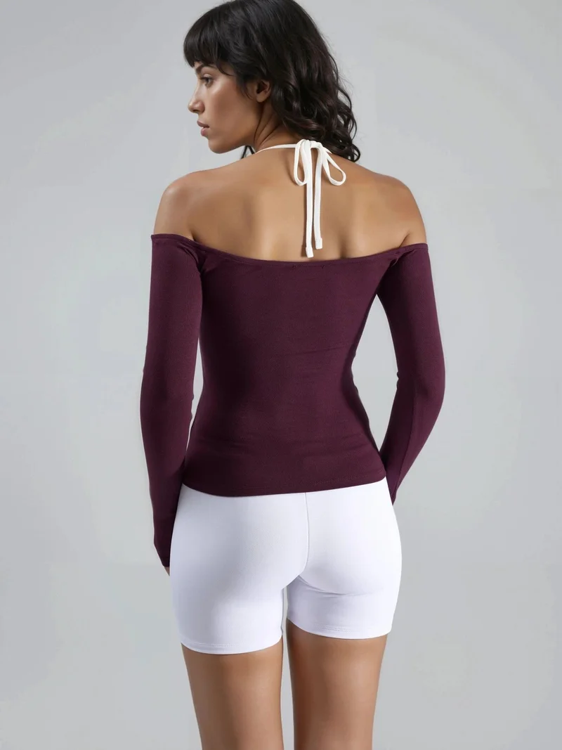 Busem BUSEM Slim Fit Knitted Blouse with U Collar and Contrast Binding