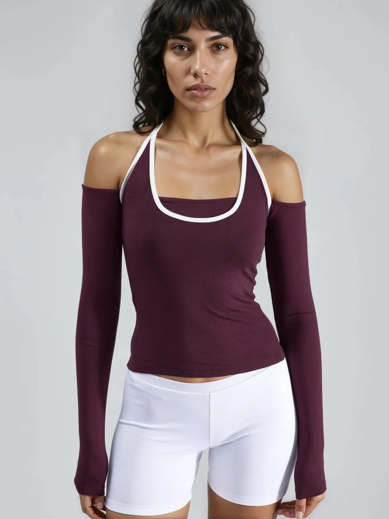 Busem BUSEM Slim Fit Knitted Blouse with U Collar and Contrast Binding