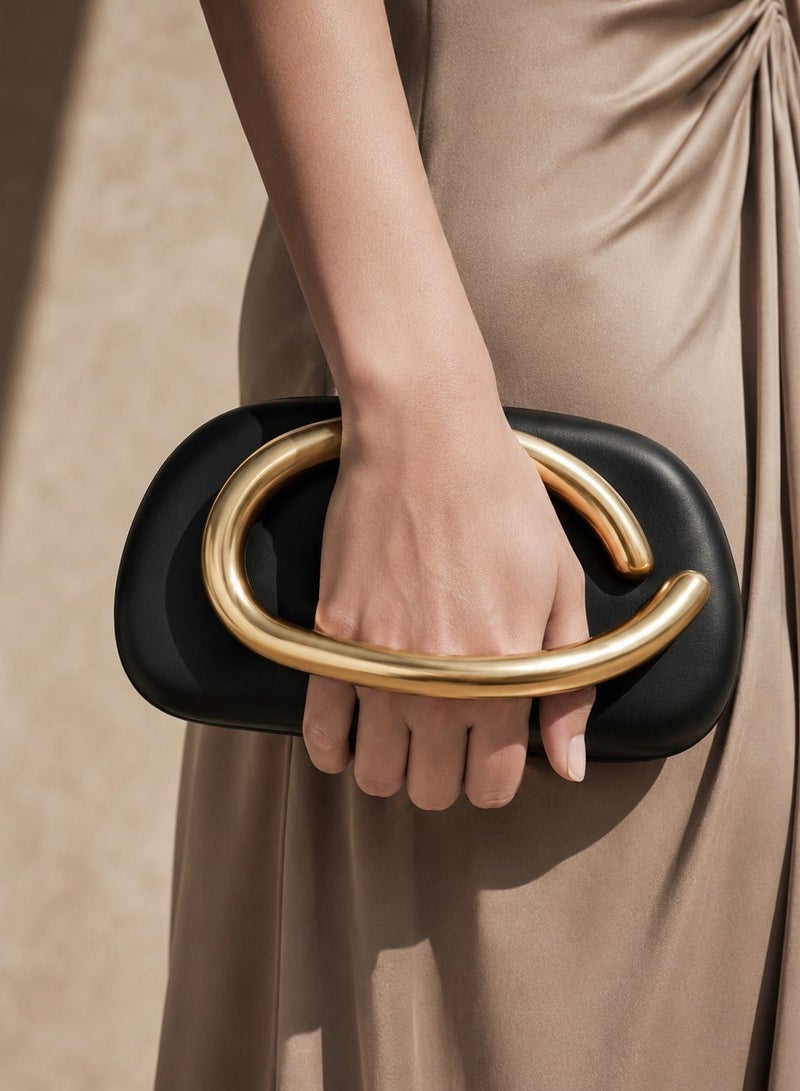 Women Evening Bag Black Clutch With Oversized Gold Tone Handle And Shoulder Chain Elegant Handbag For Weddings Parties And Special Occasions - Image 1