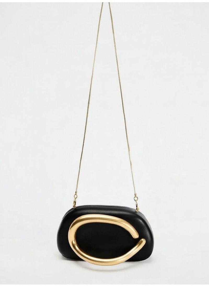 Women’s Evening Clutch Black 1-Piece Handbag with Oversized Gold-Tone Handle and Shoulder Chain for Parties and Special Occasions - Image 5