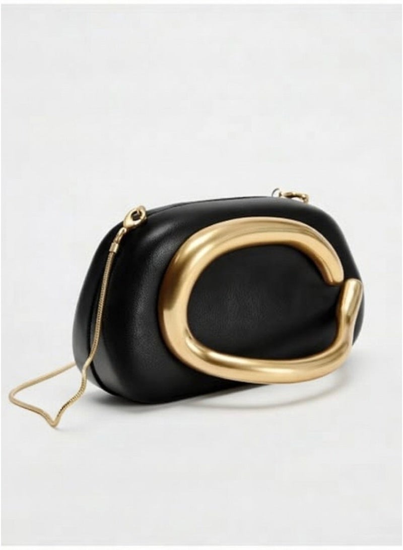 Women’s Evening Clutch Black 1-Piece Handbag with Oversized Gold-Tone Handle and Shoulder Chain for Parties and Special Occasions - Image 3