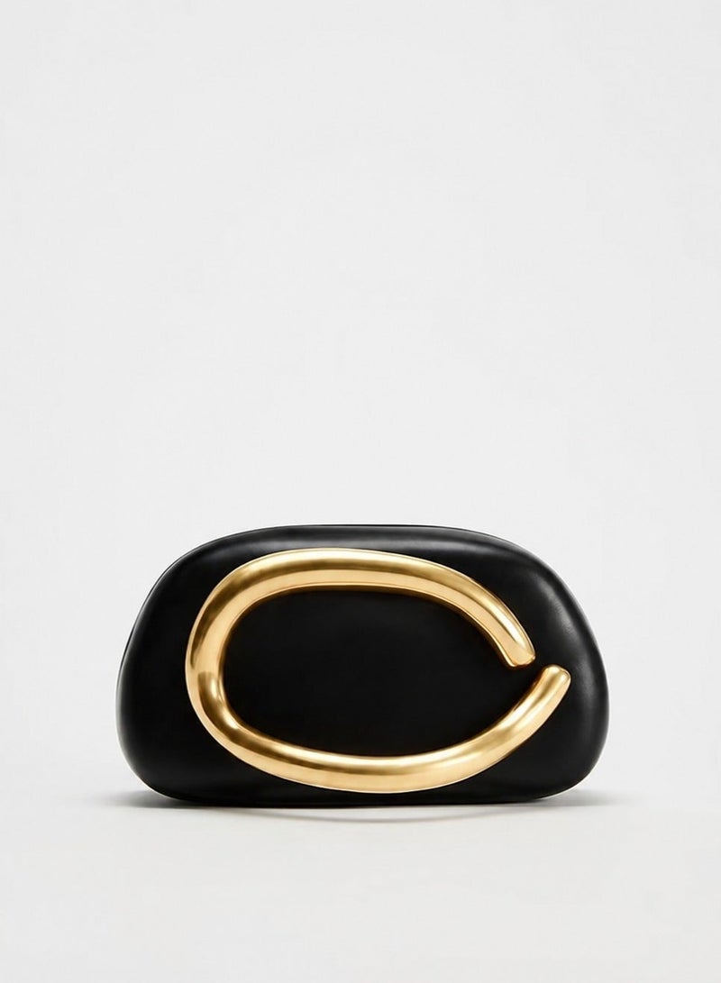 Women’s Evening Clutch Black 1-Piece Handbag with Oversized Gold-Tone Handle and Shoulder Chain for Parties and Special Occasions - Image 2