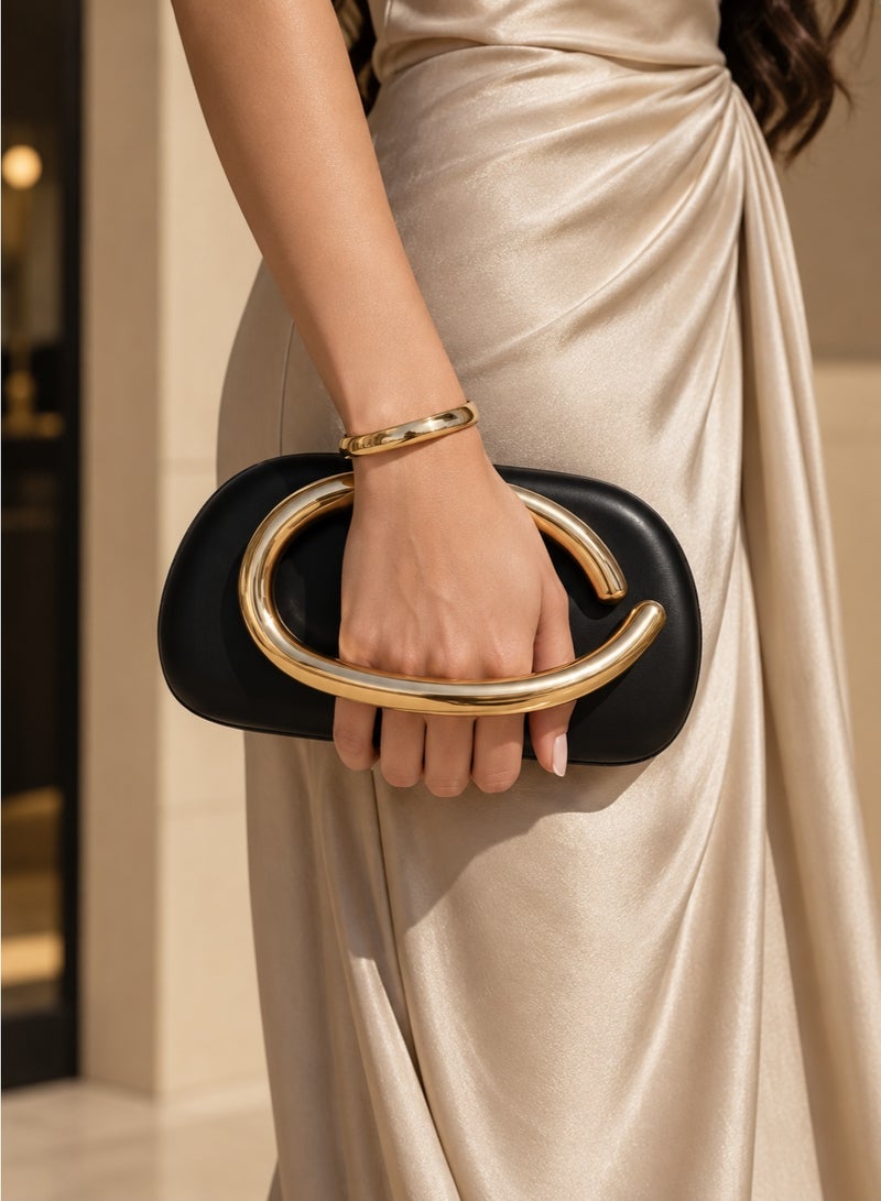 Women’s Evening Clutch Black 1-Piece Handbag with Oversized Gold-Tone Handle and Shoulder Chain for Parties and Special Occasions - Image 1