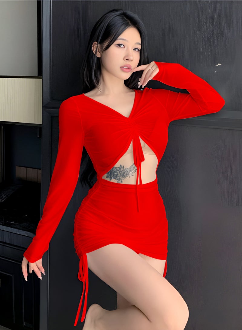 MANIKAN Lingerie Short Sheer with Belly Cut Out Chest and Side Ties and Long Sleeves - Image 1