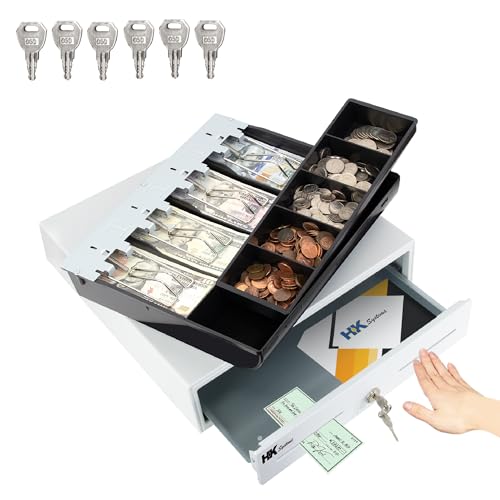 HK SYSTEMS 13inch Heavy Duty Manual Push-Open Cash Drawer with 4Bill/5Coin, Removable Till, Two Medial Slots, White - Image 2