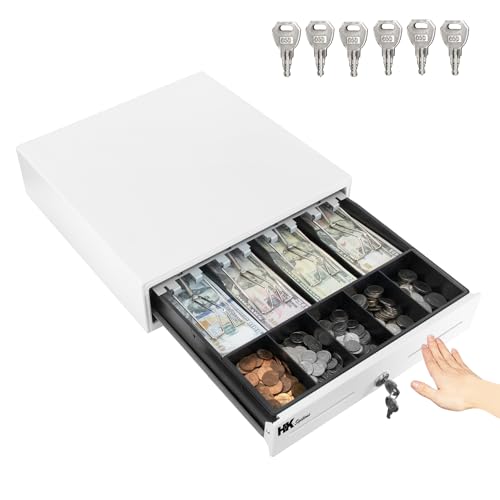 HK SYSTEMS 13inch Heavy Duty Manual Push-Open Cash Drawer with 4Bill/5Coin, Removable Till, Two Medial Slots, White - Image 1