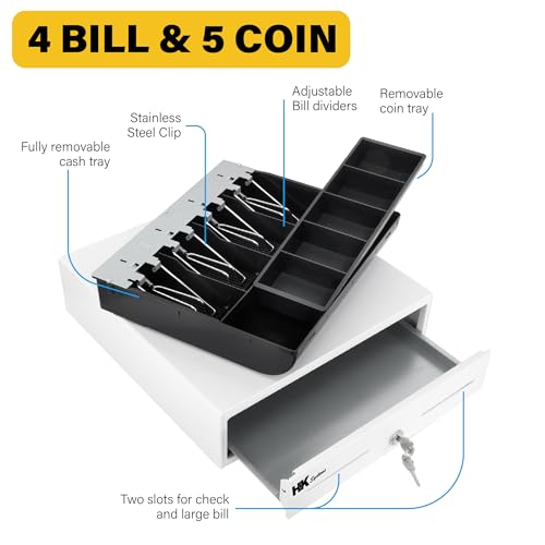 HK SYSTEMS 13inch Heavy Duty Manual Push-Open Cash Drawer with 4Bill/5Coin, Removable Till, Two Medial Slots, White - Image 4