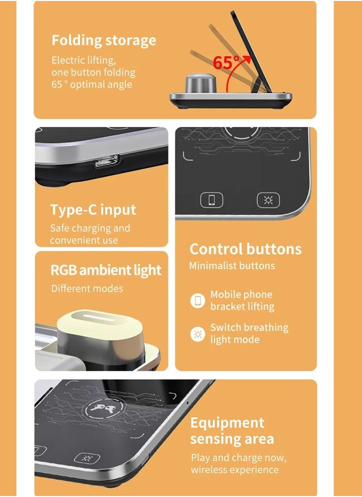 CATANES - 4 in 1 Wireless Charger Stand For Mobile Phone Wrist Watch and Headset Fast Charging Dock Station With RGB Light - Image 1