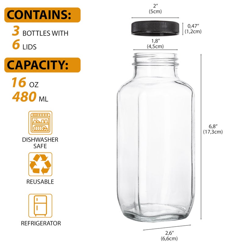 umud Juice Bottles with Lids, 16 Oz - Set of 3 - Clear Glass Jars with Caps - Reusable Empty Drink Containers for Juicing, Smoothies, Water, Milk, Kombucha Storage, Wellness Shots and More (3) - Image 2