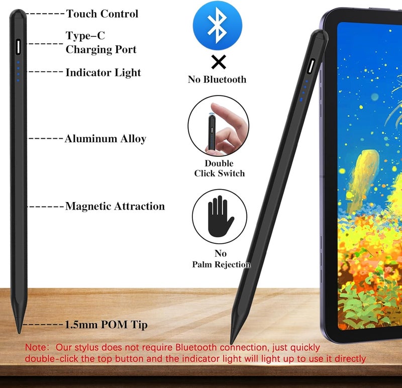Luntak Active Stylus Pens for Touch Screens Rechargeable Tablet Pen POM Tip Magnetic iPad Pencil Universal Stylus Pen for iPad/Pro/Air/Mini/iPhone/Samsung/iOS/Android and Other Smartphone Device-Black - Image 3